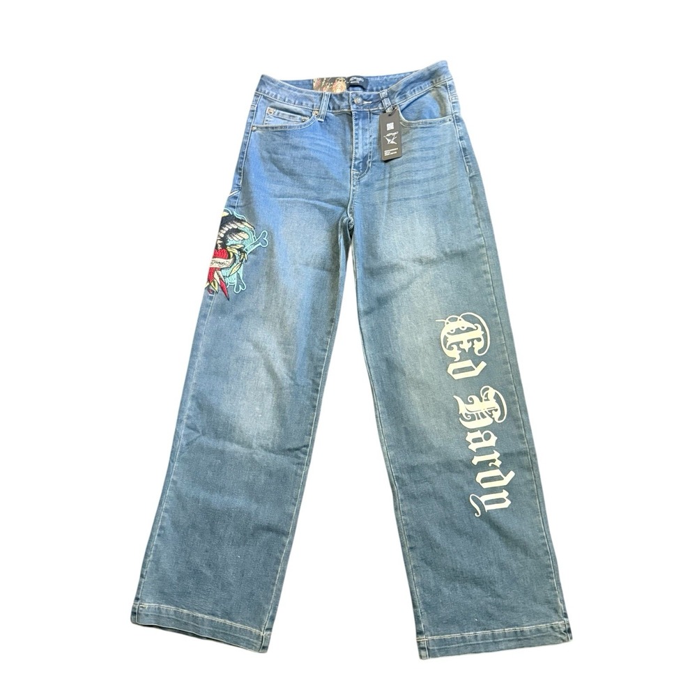 Ed Hardy Women Jeans Wide Leg Embroidered Tattoo Graphic Med Vtg Size 26